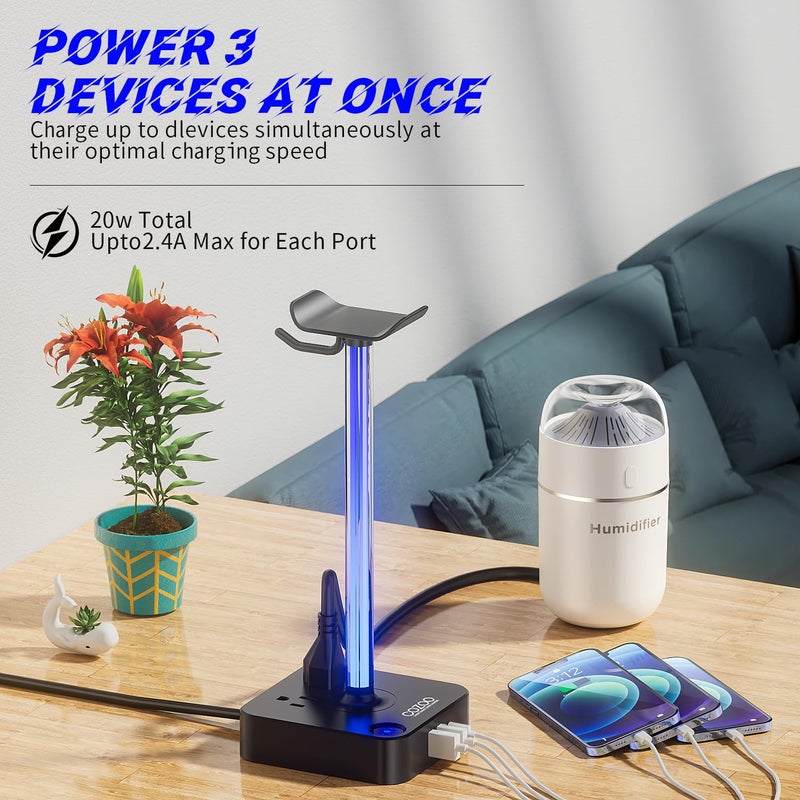 cozoo RGB Headphone Stand with USB Charger COZOO Desktop Gaming Headset Holder Hanger with 3 USB Charger and 2 Outlets - Great for Gaming, DJ, Wireless Earphone Display,Gamer PC Accessories Boyfriend Gifts - Image 5
